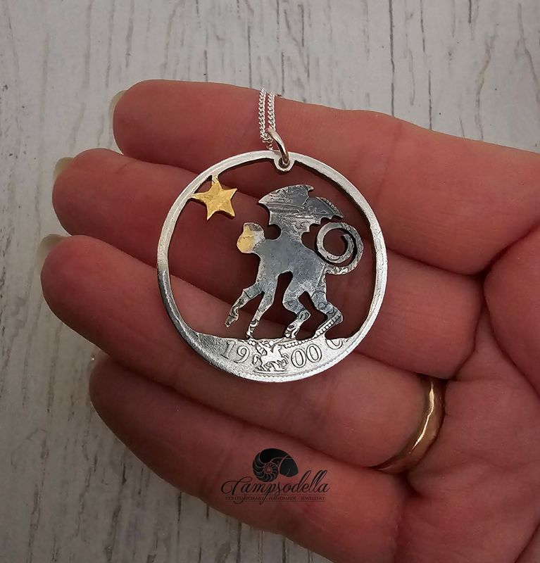 Flying Monkey pendant- silver & gold