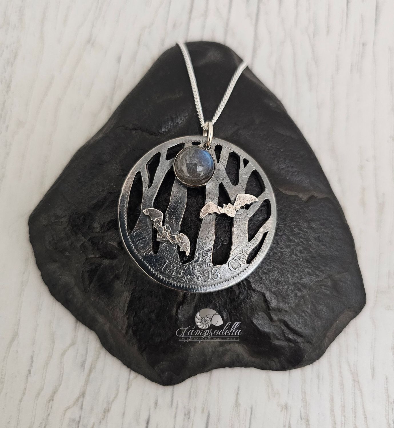 Enchanted Forest Bat pendant- labradorite stone moon