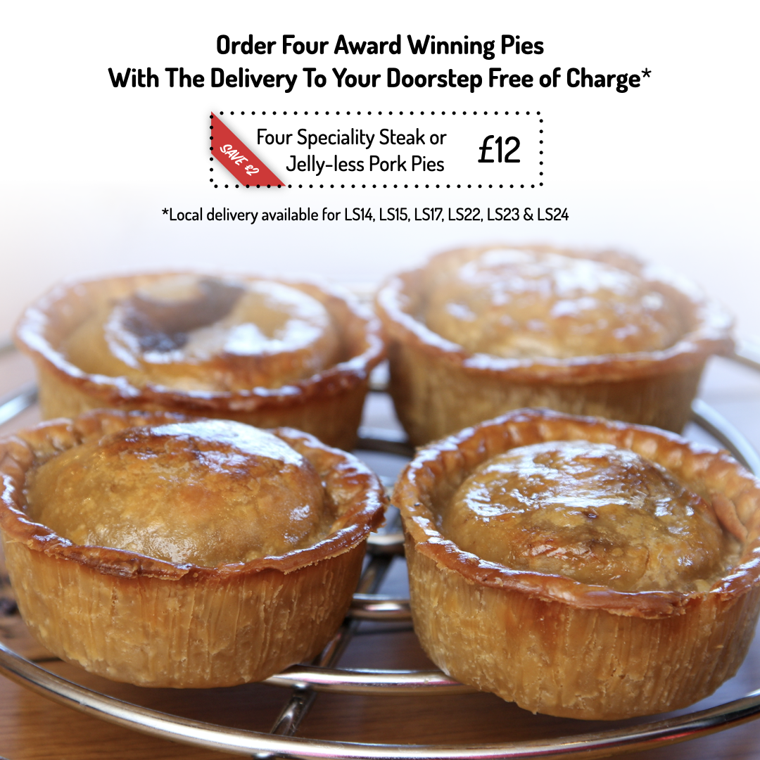 4 Speciality Steak or Jelly-less Pork Pies - Unbaked Frozen