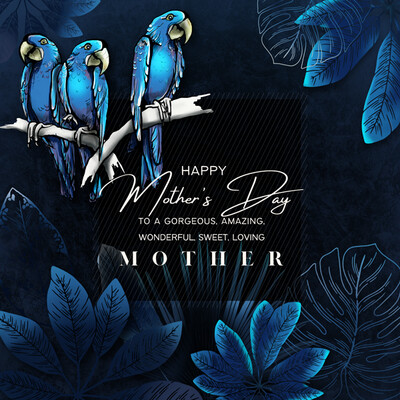 Printable Mather's day card blue parrots in tropical style