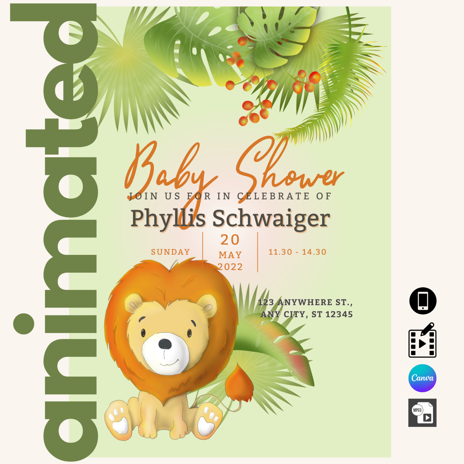 Baby Shower Invitation Video Tropical with Baby Lion
