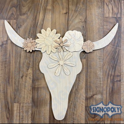Cow Skull with 6 Laser Cut Flowers
