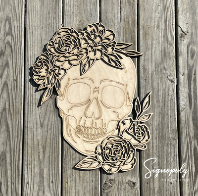 Sugar Skull With Roses Unpainted 22” - 1/4 in. Thick “, 2 layers