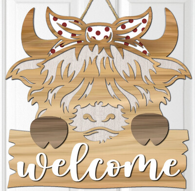 Cute Highland Cow Welcome Sign 18” Layered and Unpainted