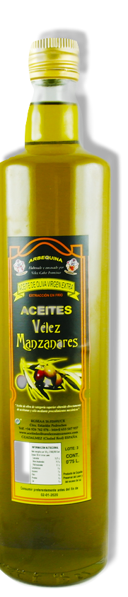 Aceite "Velez Manzanares" Arbequina 0,75 l. Botella de Cristal