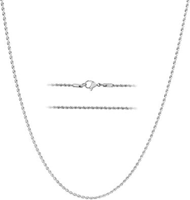 KISPER 24k White Gold Rope Chain Necklace –Thin, Dainty, White Gold Plated Stainless Steel Jewelry for Women & Men with Lobster Clasp