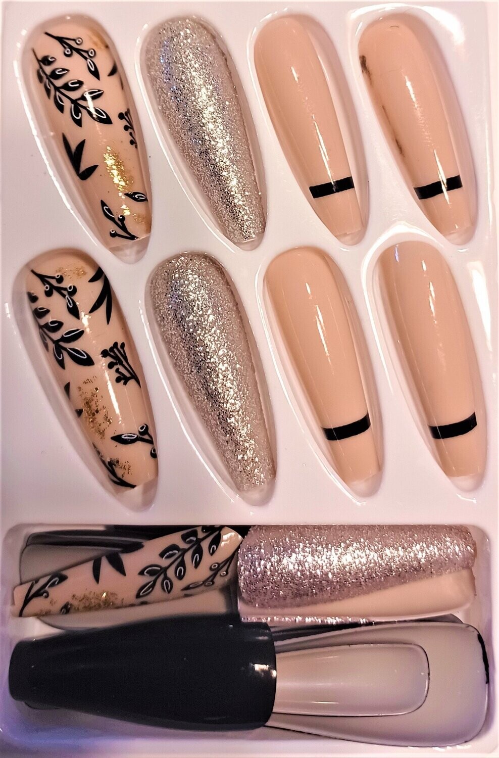 Magic False Nail Patural Delicate & Comfortable 24pcs French Nude White Ballerina Flash Diamond Crystal Long Glossy Coffin Flash Fake Nails Press on Nail False Tips Manicure for Women and Girls