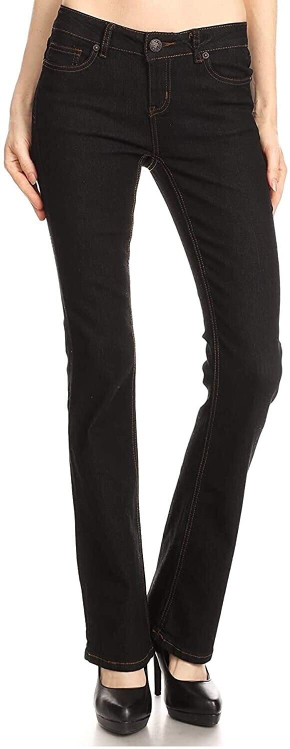 Women's Juniors Waist Boot Cut Straight Black Trouser Pant Jeans 5 pockets Size 6