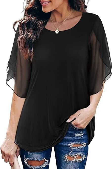 Womens Ruffle 3/4 Sleeve Mesh Blouse Loose Flowy Tops Size Large