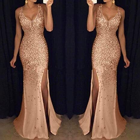 Evening Dress for Women Party Elegant Bodycon Split Maxi Dresses Ladies Gold Sequined Formal Occasion Dress Gown Size XL US 6-8