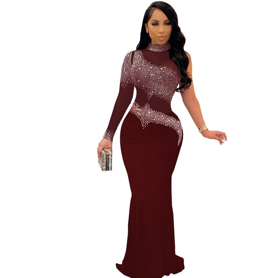 Burgundy/Wine Women's Fashion Sequins one side long sleeve Dress Maxi Elegant Evening Party Gown Dresses Size XXL US 12-14