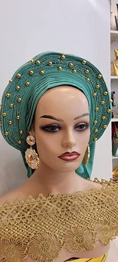 Green African Auto Gele Head Tie Frenzy Fashion Nigerian Headwrap Scarf Women Wedding Hair Wear