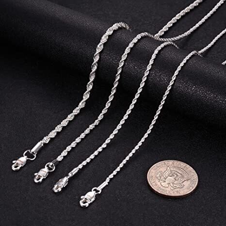 Silver Chain for Men Rope Chain Necklaces for Women Stainless Steel 4mm Diamond Cut Twisted Link Chain Necklaces Solid Silver Over Chain Necklaces for Boys Teens 14.5 inches long