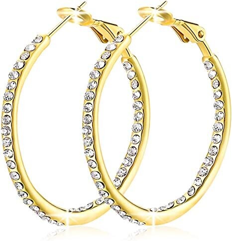 Hoop Earrings, Cubic Zirconia White Gold-Plated Rhinestone Hoop Earrings for Women Girls Jewelry Earrings 1.7 Inch jewelry