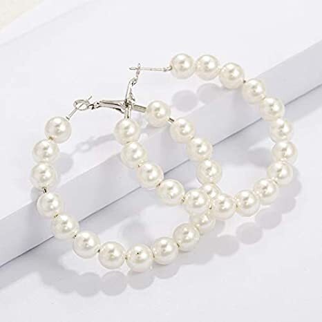 Pearl Hoop Earrings for Women Fashion Pearl Hoops Drop Dangle Earrings Gifts for Women length 2.6-inch 64 mm