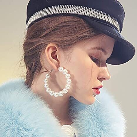 Pearl Hoop Earrings for Women Fashion Pearl Hoops Drop Dangle Earrings Gifts for Women length 2.6-inch 64 mm