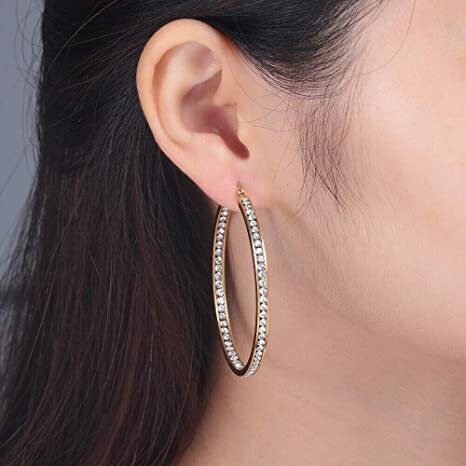 Gold Crystal Stainless Steel Hoop Earring for Women Hypoallergenic Jewelry for Sensitive Ears Large Big Hoop Earrings length is 1.5 inch