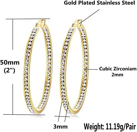 Gold Crystal Stainless Steel Hoop Earring for Women Hypoallergenic Jewelry for Sensitive Ears Large Big Hoop Earrings length is 2 inch