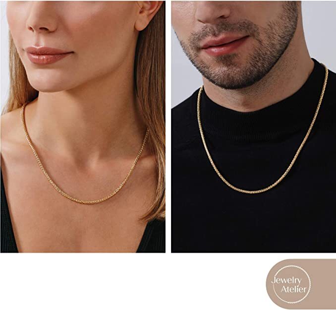 Jewelry Atelier Gold Chain Necklace Collection - 14K Solid Yellow Gold Filled Round Wheat/Palm Chain Necklaces for Women and Men with Different Sizes (5-6mm) 16.5 inch length