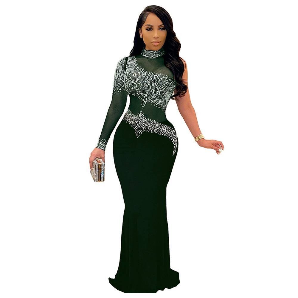 Green Women's Fashion Sequins one side long sleeve Dress Maxi Elegant Evening Party Gown Dresses Size Large US 8-10