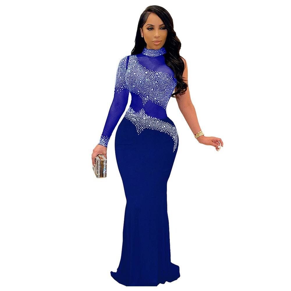 Blue Women's Fashion Sequins one side long sleeve Dress Maxi Elegant Evening Party Gown Dresses Size US 14-16