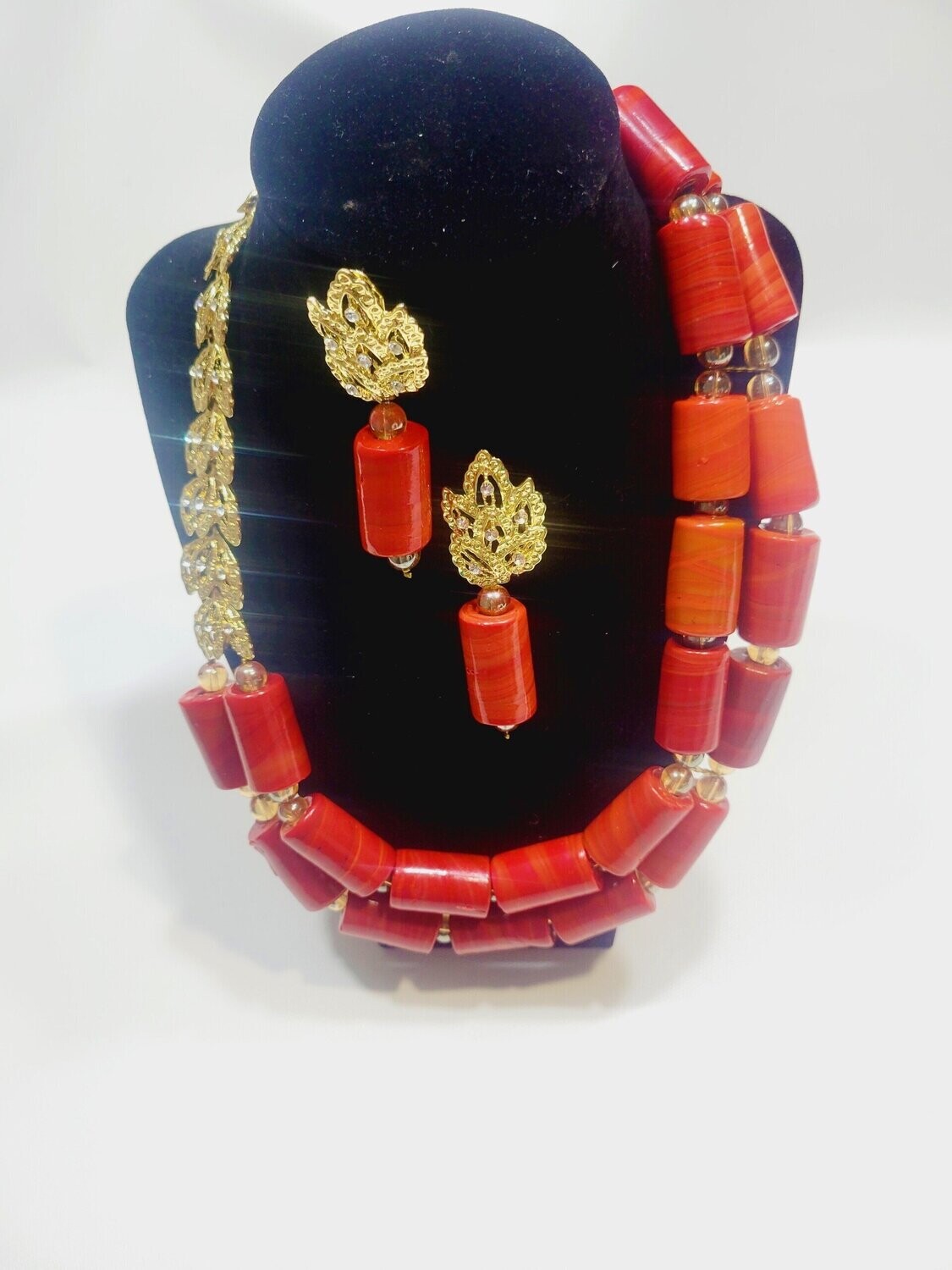 Uzochi – African Traditional Cultural Mixed with Gold, Beaded Necklace and earring Set