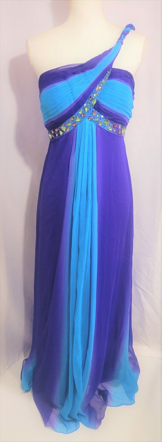 Women's Rachel Long One Shoulder Multicolored Rhinestones, beaded Chiffon Dress Gown