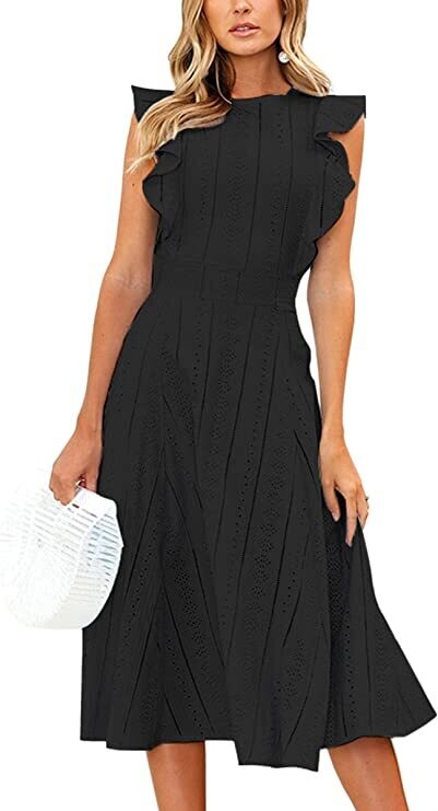 ECOWISH Womens Dresses Elegant Wedding Cocktail Ruffle Cap Sleeves Summer A-Line Midi Dress