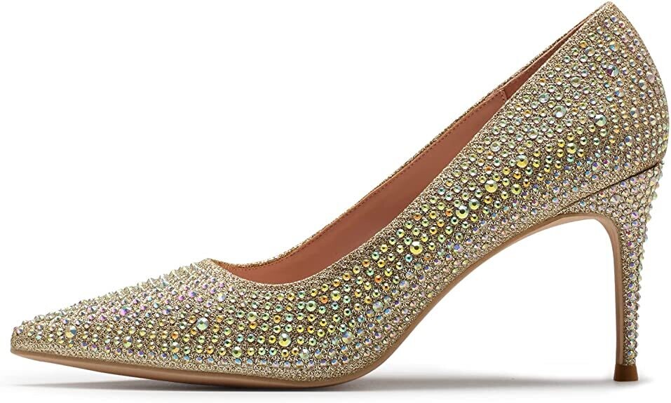Gold Stoned Women High Heel Pumps, Pointed Toe 8cm/3.15 inch Party Stiletto Heels Dress Shoes for Party, Wedding, Graduation stoned Glittered shoe Prom