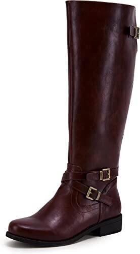 Brown Women Buckled Knee High Riding Boots Flat Heel Round Toe Zipper Under The Knee Boots Low Chunky Heels Vintage Matte Leather Slouch Long Boots Stretch Wide Calf Comfy shoe
