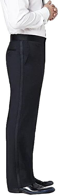 Men's Tailored Tuxedo Pants w. Satin Stripe Regular Fit Flat Front Unhemmed