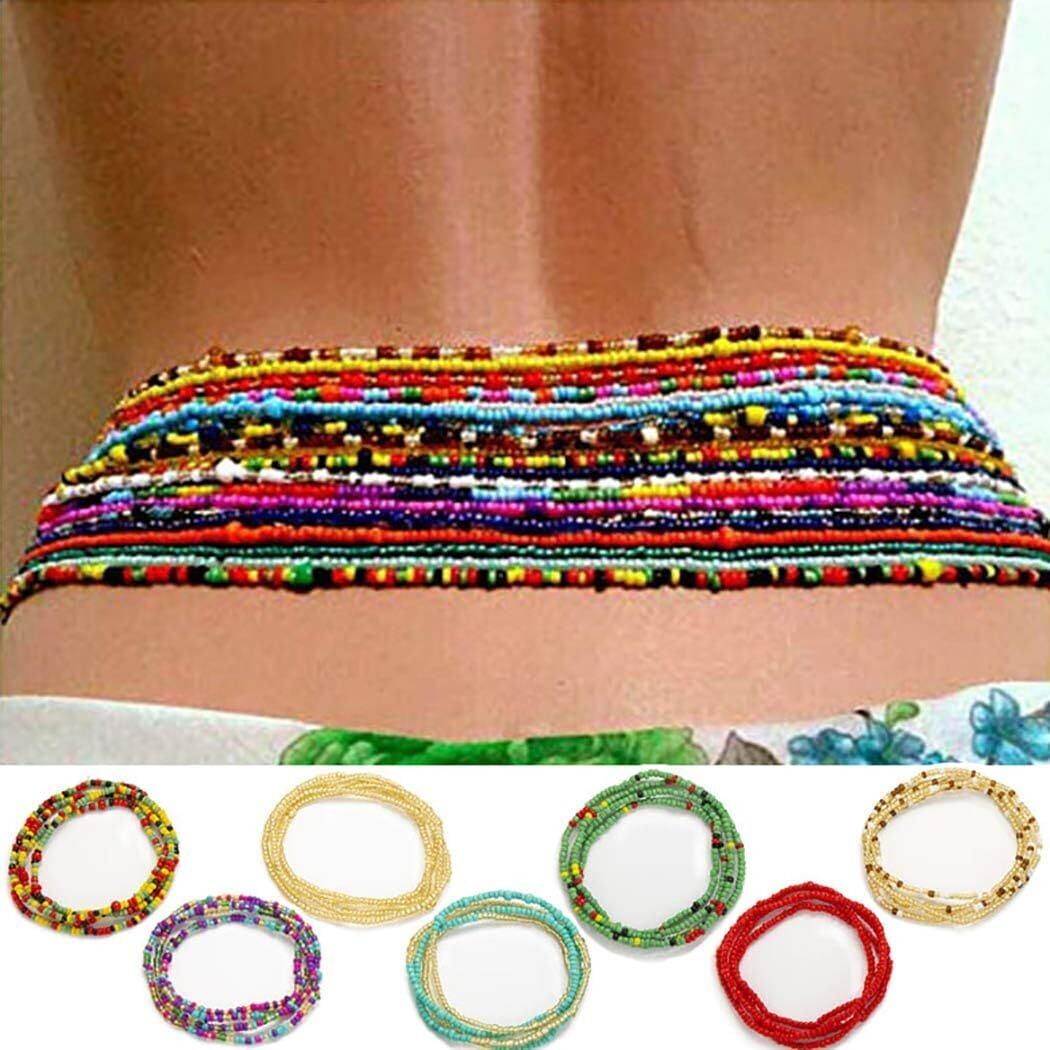 34" African Waist Beads - Tie On Waist Beads for Weight Awareness - Adjustable Belly Beads with String 2 pcs Plus Size Waist Beads - Waist Beads for Women and Girls Colorful waist beads, Gift for girl