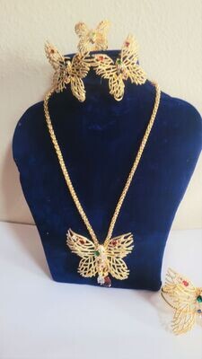 Women Fashion Gold Butterfly African Nigerian Jewelry Set Wedding Necklace Bracelet Earrings Ring Jewelry Sets