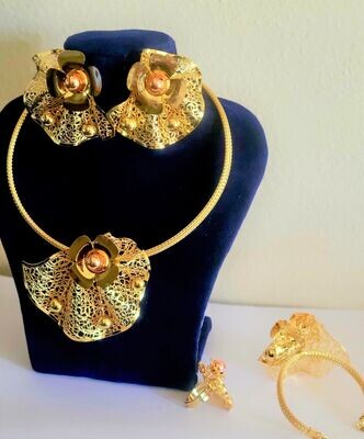 Gold Fashion Jewelry Set big flower necklace earrings ring bracelet jewelry Set