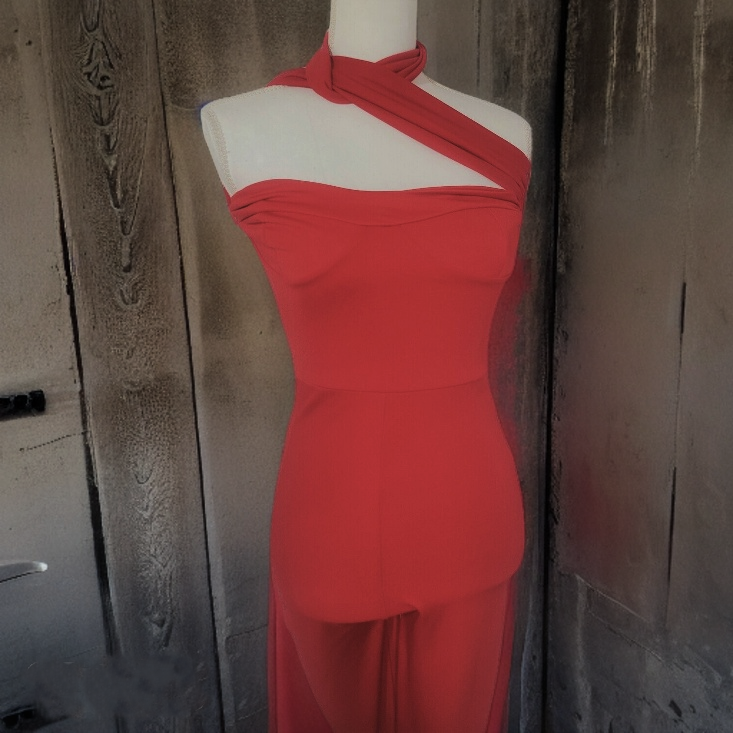 Red Night Boohoo Strappy Neck Summer Halter Jumpsuits for Women Casual Zip Closure Sleeveless Stretch Bodysuit Beach Long Boho pencil Leg Rompers