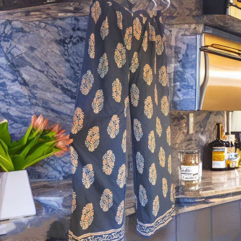 Womens Wide Leg Pants High Waisted Casual Cultural Print Blue Boho Palazzo Lounge Pant Baggy Trouser Size Medium