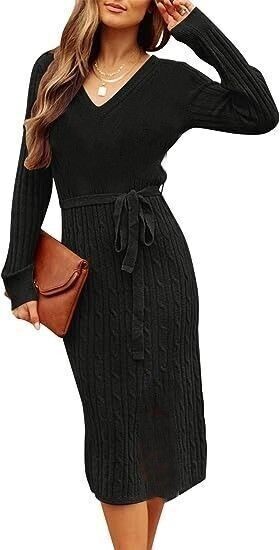 Women's V Neck Cable Knit Sweater Dress Long Sleeve Bodycon Pullover Midi Dress with Belt Womens Plus Size Dresses 3/4 Sleeve/full sleeve