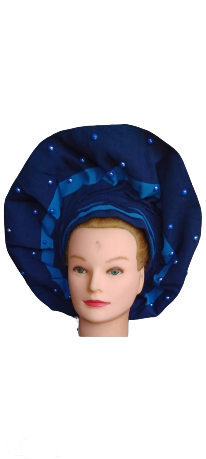 African Blue Aso Oke Blue Head tie Auto Gele With beads Traditional Nigeria Wedding Fan Style Head Wrap autogele For Women