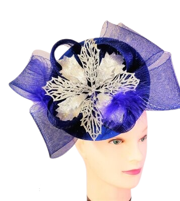 Women's/Girl's Fascinators Hat Flower Feather Veil Headband Tea Party Church Wedding Cocktail Headwear with Clip/band Color: Blue and Silver