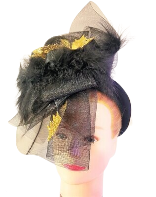 Women's/Girl's Fascinators Hat Flower Feather Veil Headband Tea Party Church Wedding Cocktail Headwear with Clip/band Color: Black and Gold