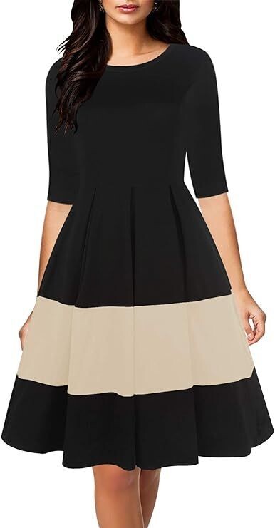 Women's Vintage Half Sleeve O-Neck Contrast Casual Party Swing Dress
