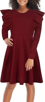 Girls Burgundy Cocktail Dress Size Large Short Dress A-Line Swing Flared Party Dress 3/4 sleeves for 8-12 Years Kids
