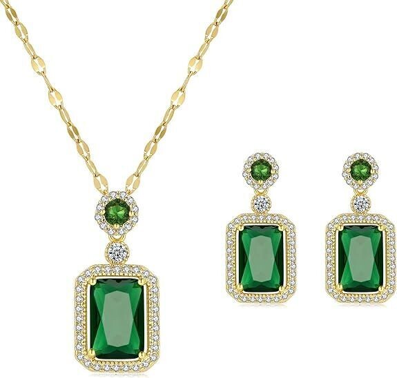 Emerald Jewelry for Women Green Stone Necklace Earrings Set Cute Necklaces