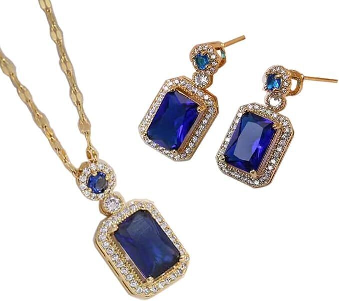 Women Jewelry Set 925 Sterling Silver/Gold Rhinestone Zircon Cubic Simulated Emerald Pendant Necklaces & Earrings Set