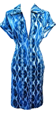 Zenergy Neema Ikat Half Zip Dress Gown Enamel Blue Half Zip Front Mock Neck Short Sleeve