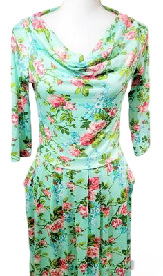 Reborn Women Casual Dresses Women's Drape Neck Swing Green Flowery Gown Dress with Pockets