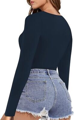 Blue Womens Long Sleeve Stretch front drappy Design Casual Top