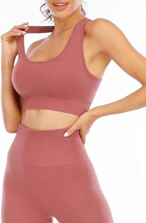 2 Piece Ashan Yoga Set Brown Ladies Stretchy Running Training Fitness Womens Gym Leggings High Waist Tummy Control Seamless short pants. Women Bandeau Bra Top Fitness Gym Tops Sexy Sports Bra. Medium