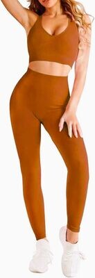 2 Piece Beige Yoga Set long pants. Women Bandeau Bra Top Bra Fitness Gym Tops Sexy Sports Bra Ladies Stretchy Running Training Fitness Womens Gym Leggings High Waist Seamless 
Size: Large