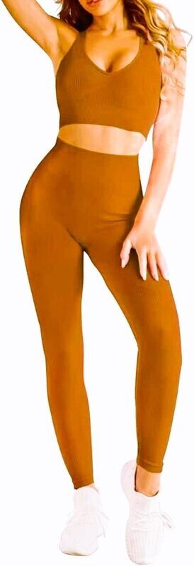 Yellow Beige Women's Workout Sets 2 Piece Outfits Seamless Racerback Sport Bra High Waist Yoga Gym Sport Leggings Track Suits Set Bra  
Size: Medium